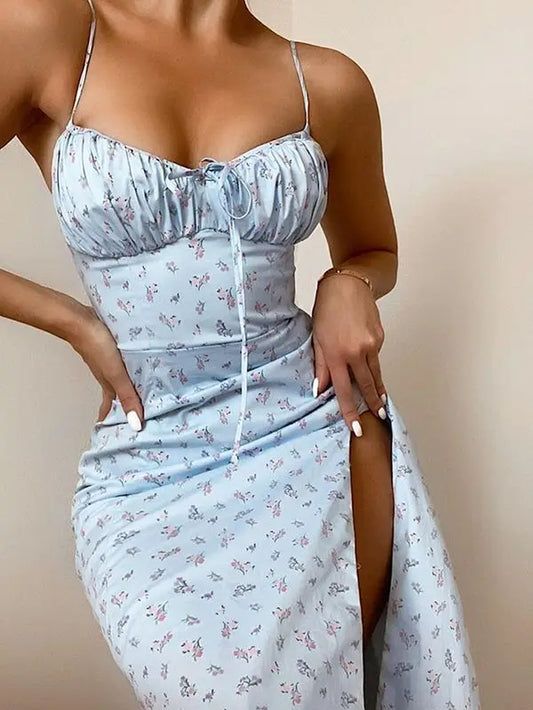 2025 Sleeveless Satin Slip Floral Ruched Bandage Cut Out Maxi Dress Summer Women Fashion Sexy Party Club Robe Kpytomoa